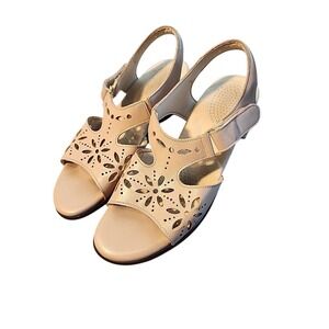 Womens Beige Leather Flower Cut Out Slingback‎ Heeled Sandals Shoes